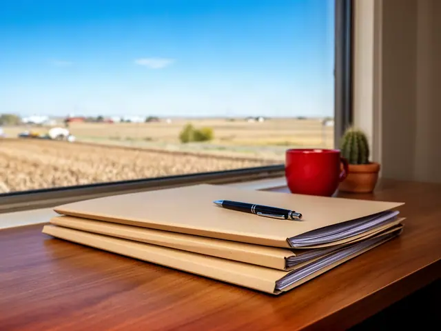 A neat stack of closed manila folders and a pen on a desk by a window.