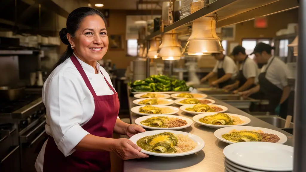 A smiling restaurant owner in a chef's jacket setting down plates of green-chile enchiladas at the pass, cooks behind.